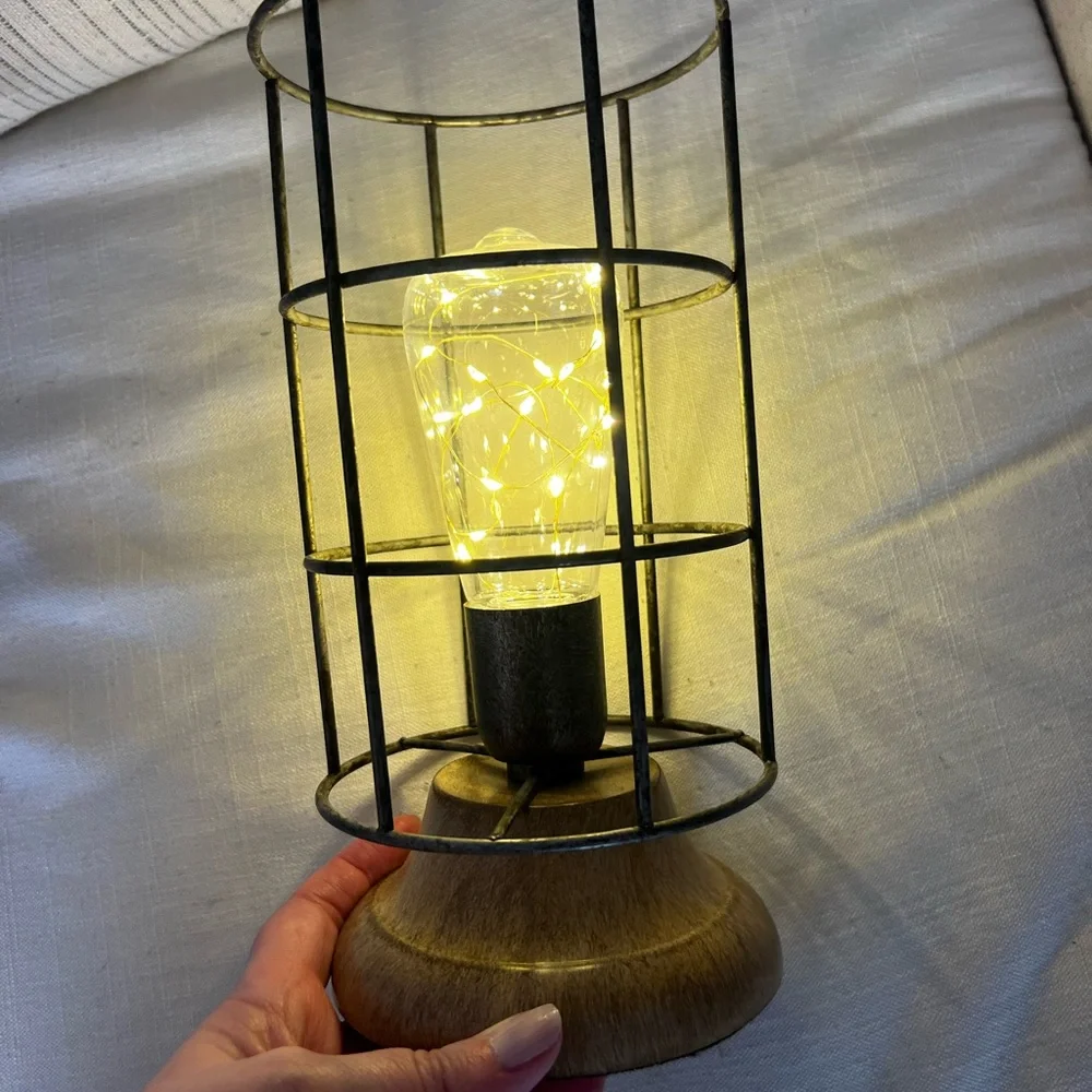Industrial Cage Table Lamp with Brown Wood Base - Rustic Accent - Picture 2 of 4